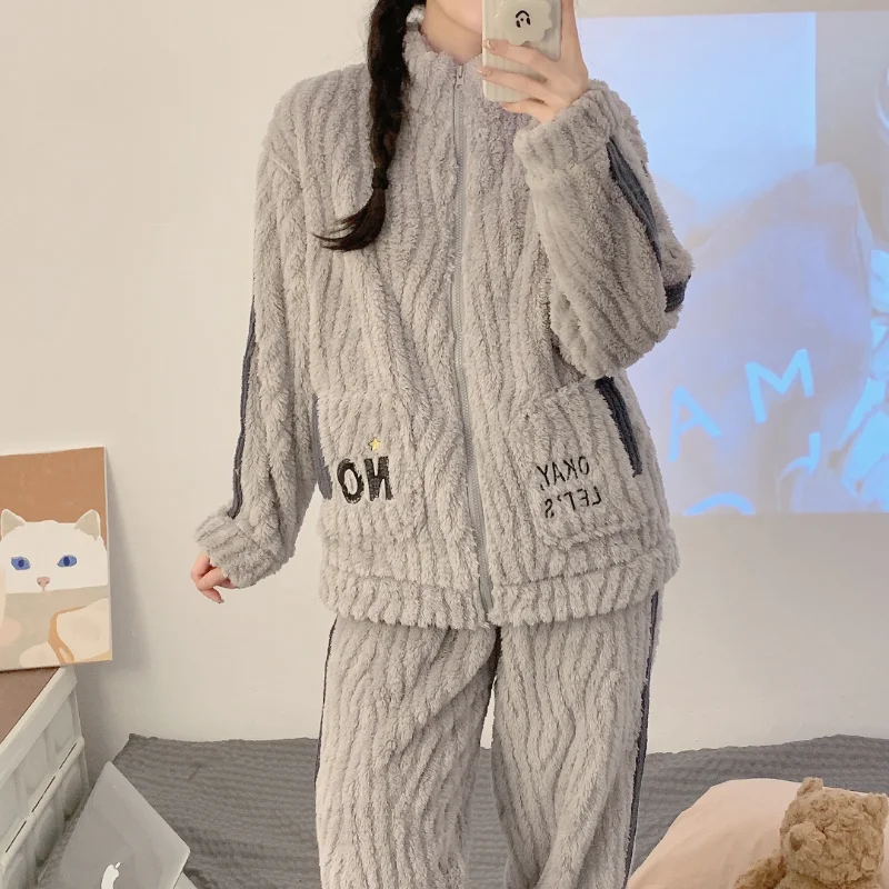 Winter Pajamas Women's Plush Long Sleeve Set Zipper Solid Color Embroidered Coral Velvet Women's Warm Casual Loose Home Dress