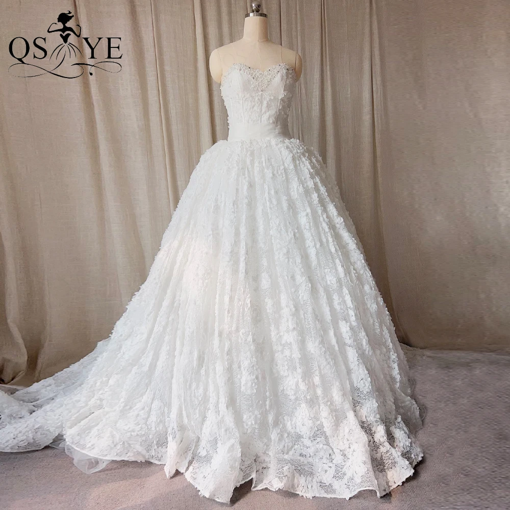 

Puffy Lace White Wedding Dresses Off Shoulder A line Bridal Gown Pearls Bead Lace up Back Bride Wedding Gown Trailing