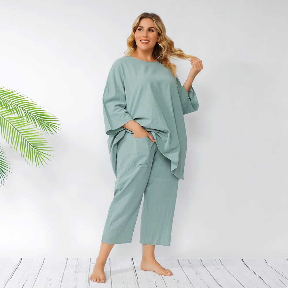 

Plus size and summer loose large women's casual home Spring short sleeve T-shirt Pants Set 2021