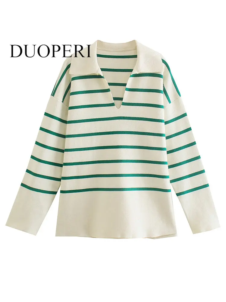 

Willshela Women Fashion Striped Knitted Pullover Sweater Vintage Lapel Neck Long Sleeves Female Chic Lady Tops