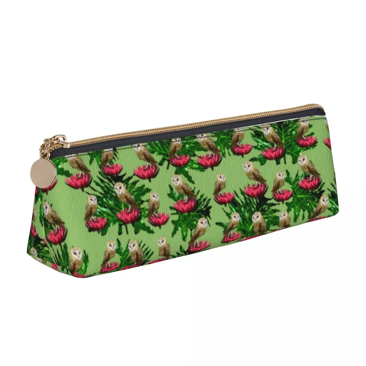 

Barn Owl Leather Pencil Case Leaves And Pink Flowers University For Teens Zipper Pencil Box Vintage Big Triangle Pen Bag