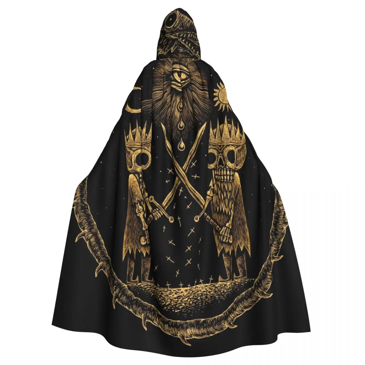 

Sun Moon Stars And Crosses With Kings Warring Sword Hooded Cloak Polyester Unisex Witch Cape Costume Accessory