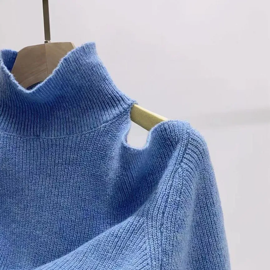 

Женский вязаный свитер с высоким воротником, простой Универсальный Женский вязаный пуловер с открытыми плечами и длинным рукавом, топы