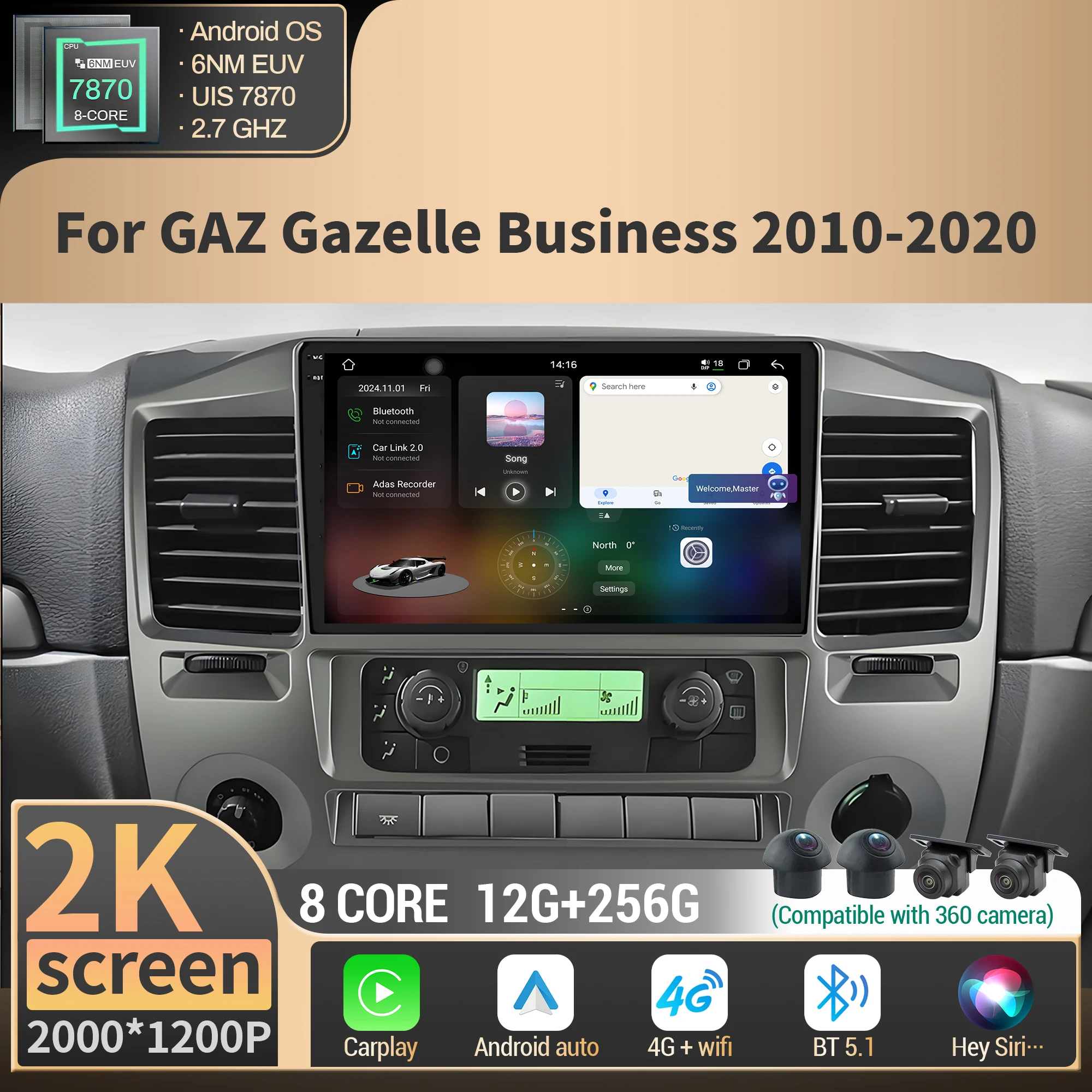 Фото Для GAZ Gazelle Business 2010-2020 Автомобильный радиоприемник Android WIFI Навигация GPS BT CarPlay Мультимедиа 4G CPU 7870 2K QLED Экран Стерео №1