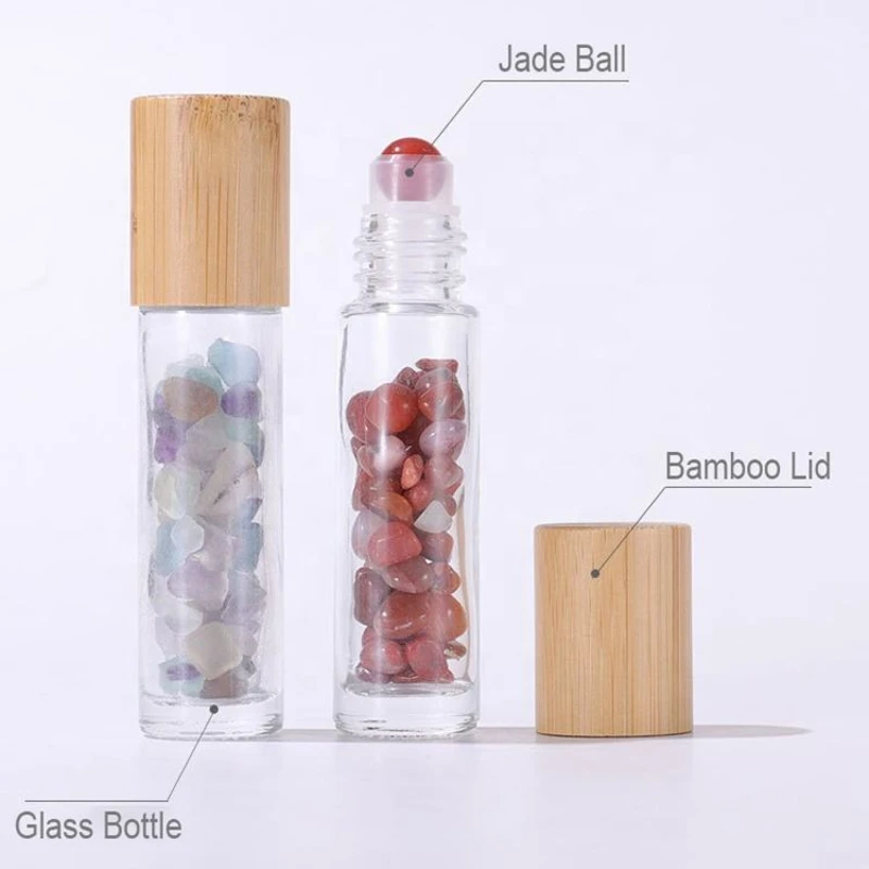 10ml Custom Colorful Gemstone Roller Ball Bamboo Cap Roll on Bottle Refillable Roller Perfume Bottle with Bamboo Lid  for Travel