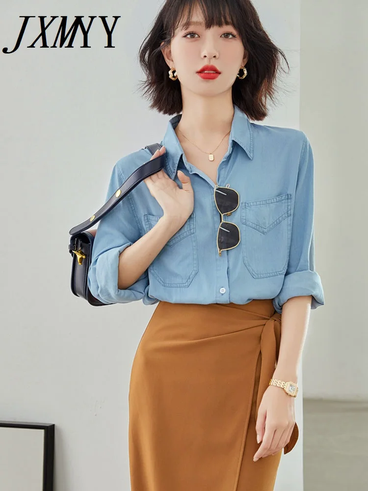 

JXMYY 2022 Spring And Autumn Fashion New Denim Shirts Thin Loose Retro Elegant Temperament Design Niche Women's Tops