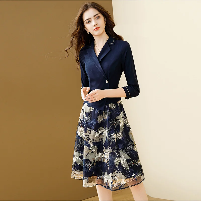 

EVNISI Black Women Fake-two Pieces Floral Chiffon Dress Women 2022 Spring And Summer New V-neck Slim Dresses Office Lady Vestido