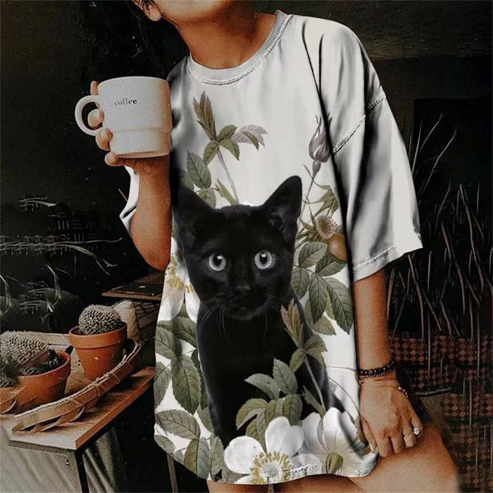 

Summer Women's 3d Cute Cat Fashion Print T-shirt Women's Short Sleeve Harajuku Animal Girl Kawaii Oversized Outdoor Top