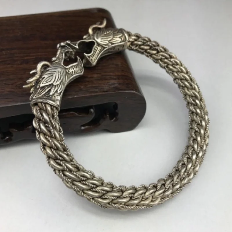 

Chinese Old Tibet Silver Copper Bracelet Handmade Double Dragon Play Bead Image