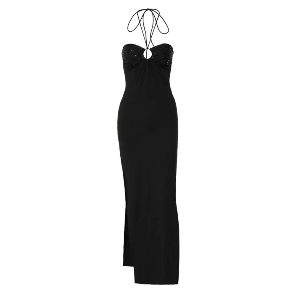 

Fashion Women Dress Solid Color Breathable Maxi Dress Spaghetti Straps Halter Open Back Slim Dress