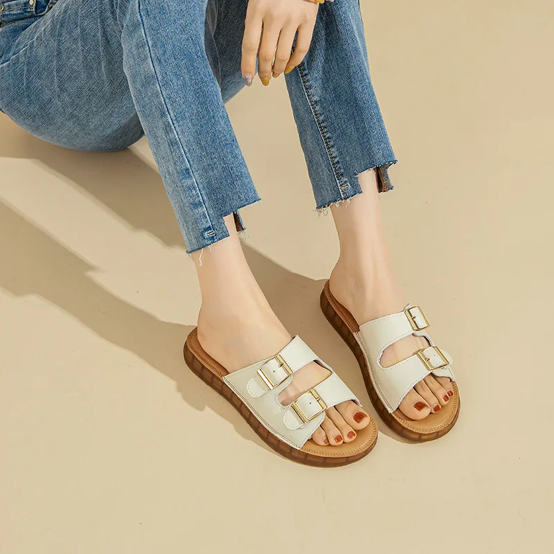 

Leather Flat Sandals Ladies 2022 new soft-soled ladies
