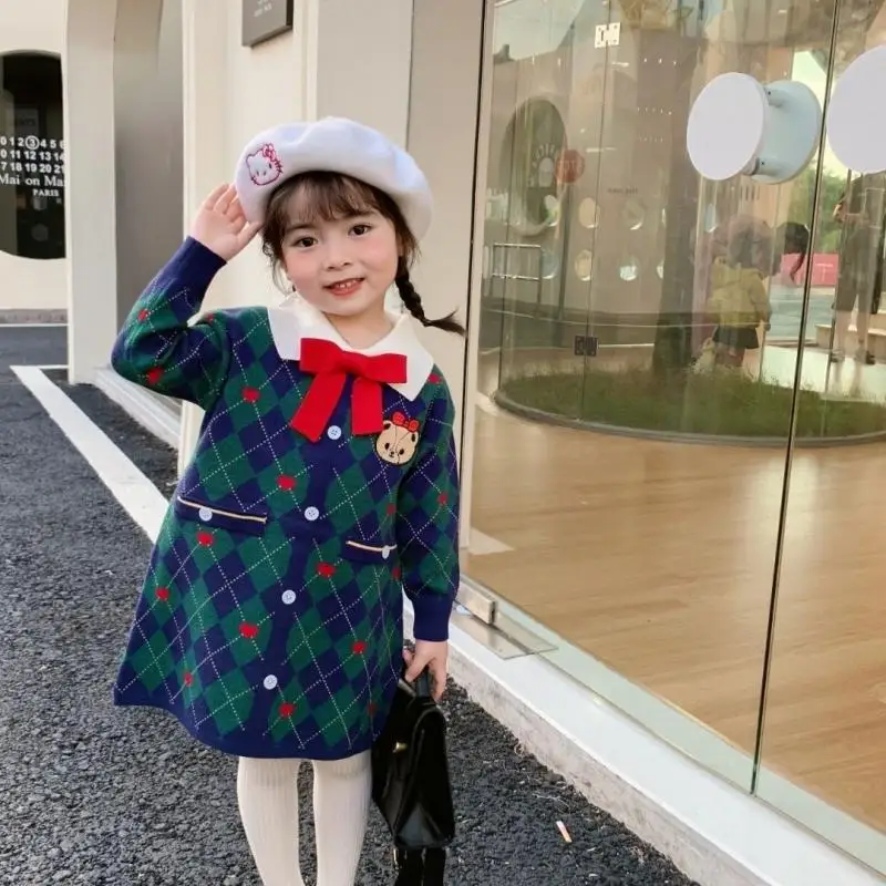 

Kawaii Sanrios Hello Kitty Autumn Winter Girls Cute Cartoon Navy Style Dress Polo Collar Rhombus Teddy Bear Bow Knit Dress