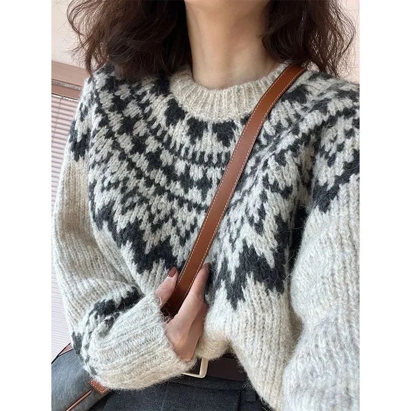 2024 Новинка! Женский короткий свитер в стиле ретро Fair Isle с мягким геометрическим