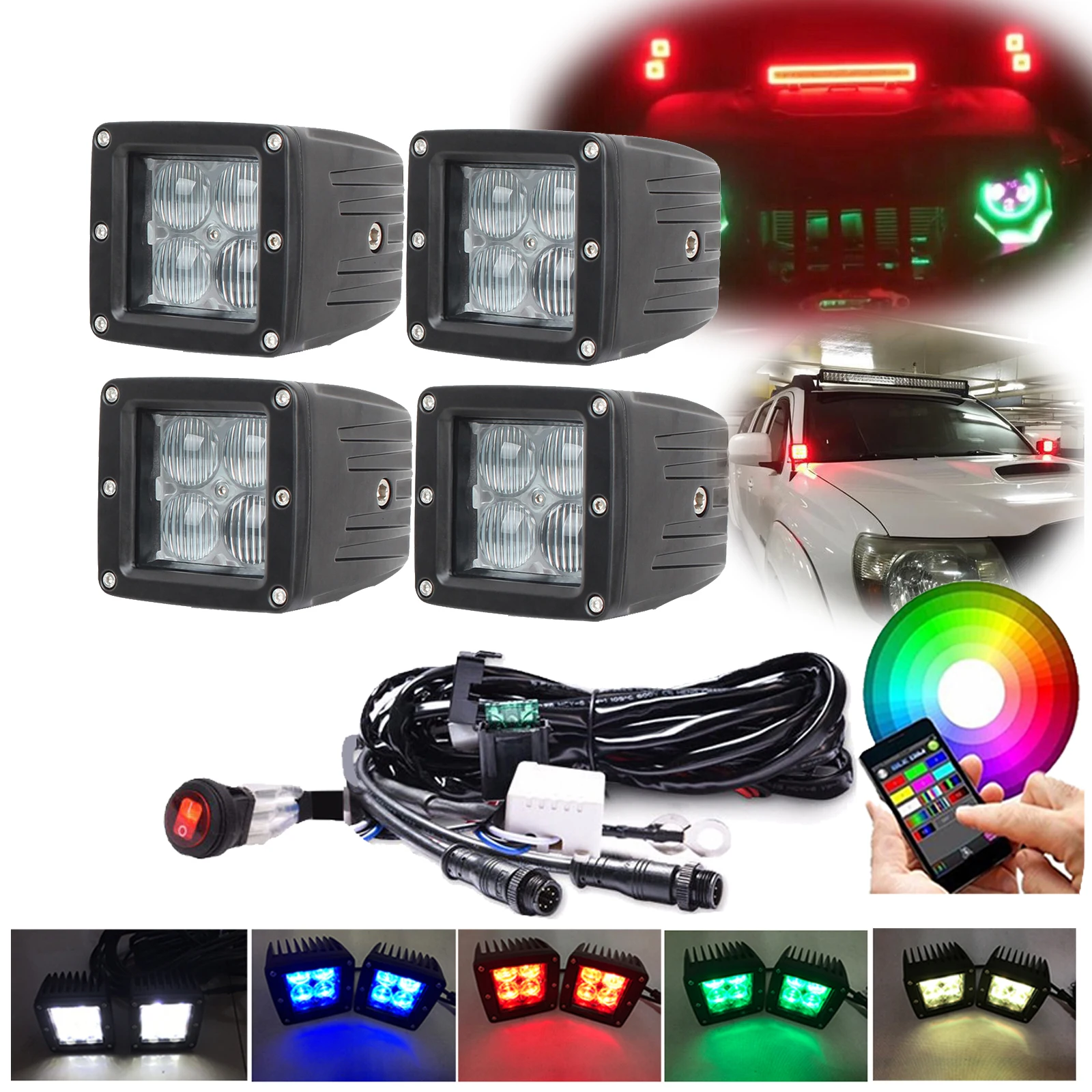 Фото 4x 3-дюймовый 96W 5D RGB светодиодный рабочий свет Spot Flood Cube Pods Стробоскоп Музыка Мигающий режим DIY с комплектом жгутов проводов управления Bluetooth №1