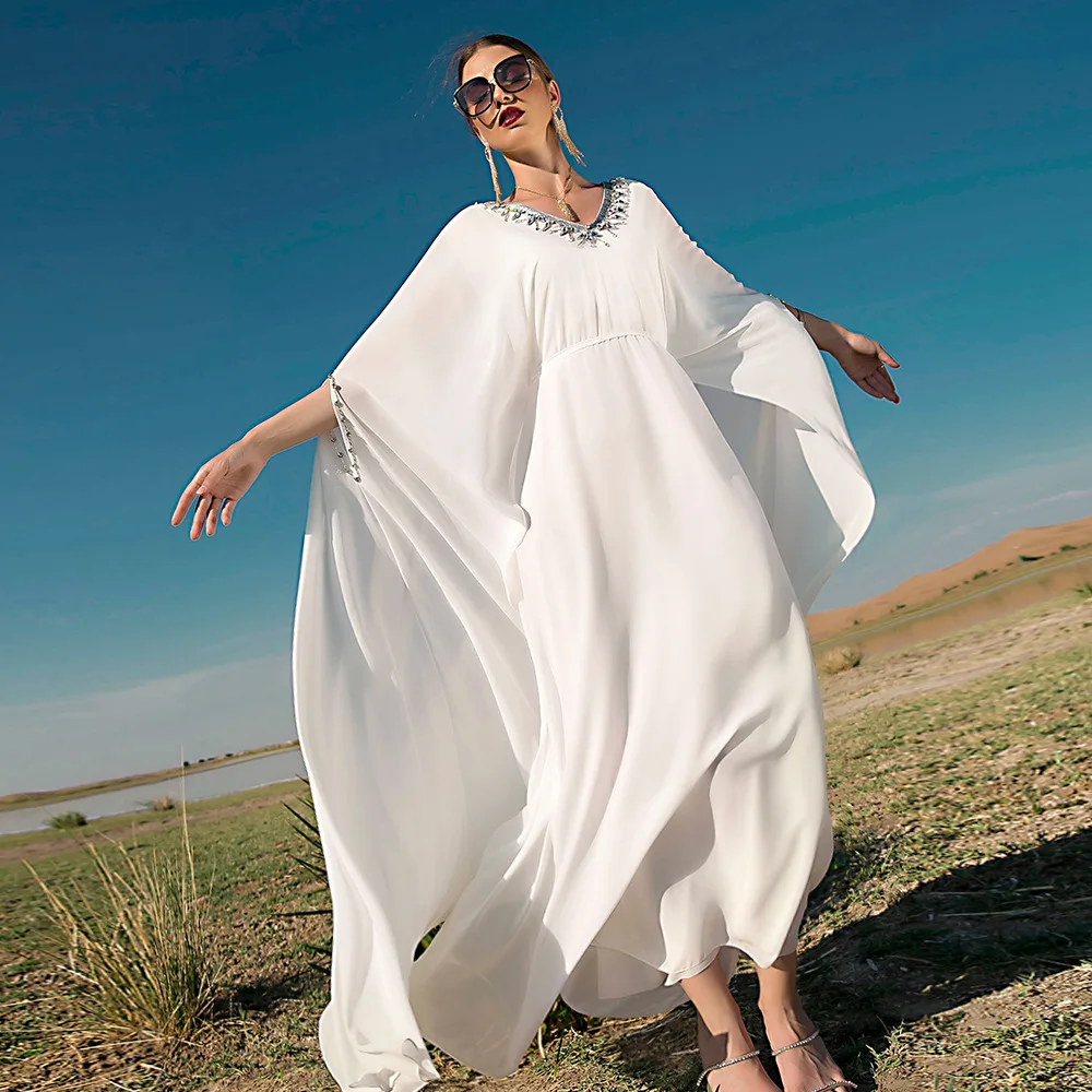 Caftan White Abaya Muslim Dress with Cape Luxury Dubai Dresses for Women Islam Modest Clothes Jalabiya Kaftan Robe Arabe Femme