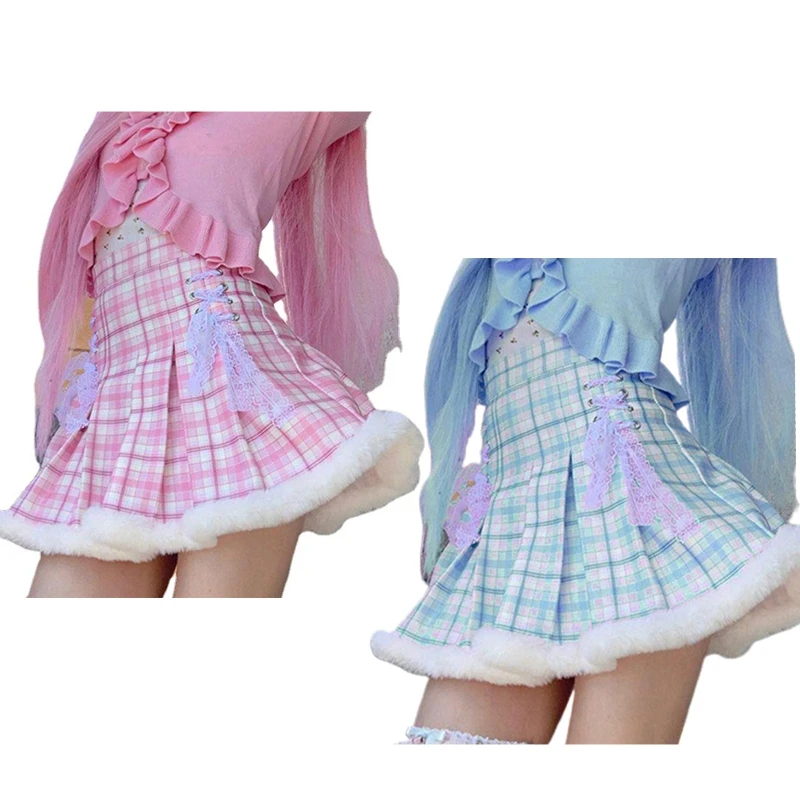 

MXMB Women High Waist Plaid Print Pleated Mini Skater Skirt with Plush Faux Fur Trim Harajuku Lolita Kawaii Lace-Up Clubwear