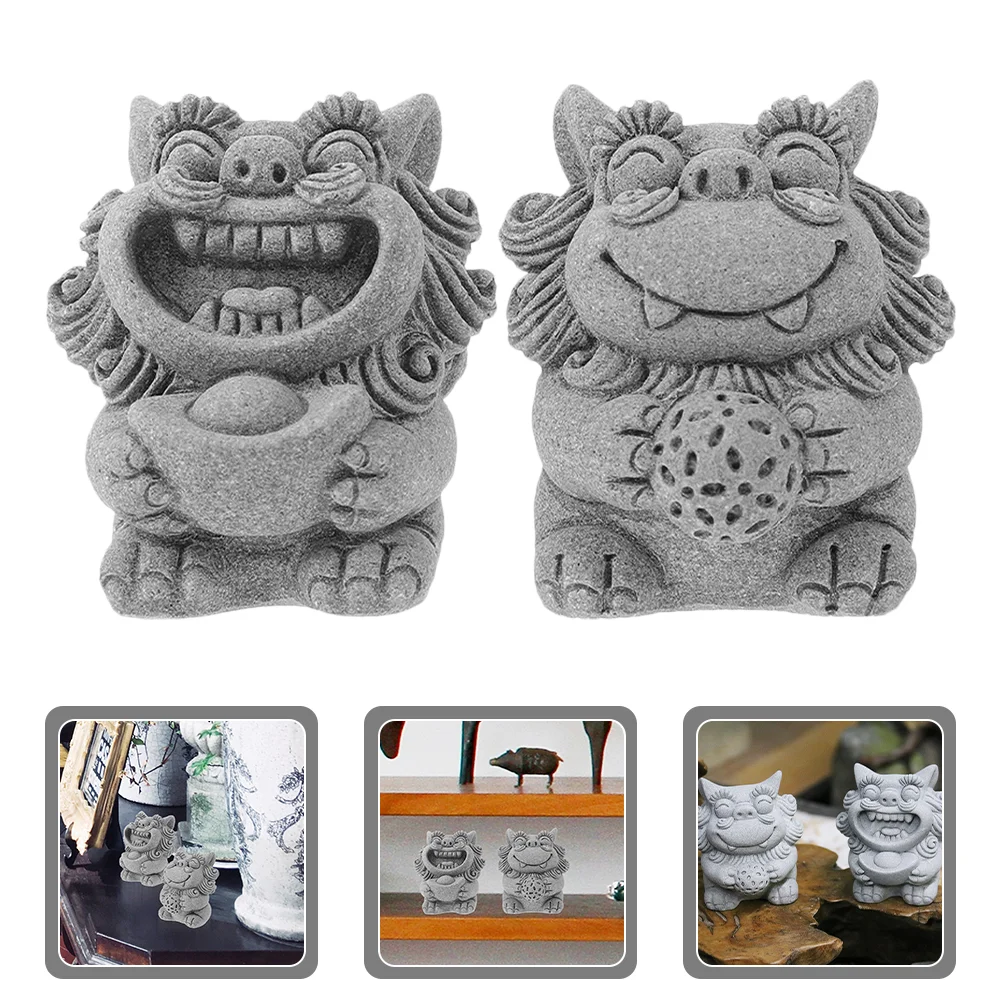 

2Pcs Retro Small Lion Sculpture Adorable Lion Modeling Statue Chinese Guardian Lion Ornament