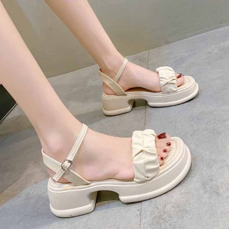 

Sandals for Women Beige Summer 2023 with Medium Heels Footwear One Word Ladies Shoes Wedge Platform Waterproof Outdoor Casual H