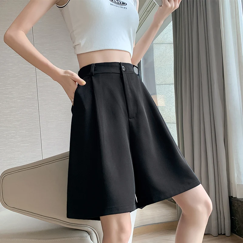 

Summer Women's Shorts 2022 Casual Loose Wide Leg Knee-length Shorts Women Korean Fashion Pockets Office Short Pants