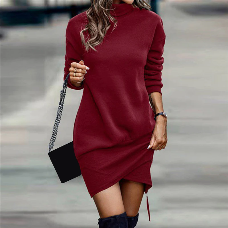 

Turtleneck Sweatshirt Bodycon Dress Spring Autumn Solid Long Sleeve Criss Cross Mini Party Vestidos For Women