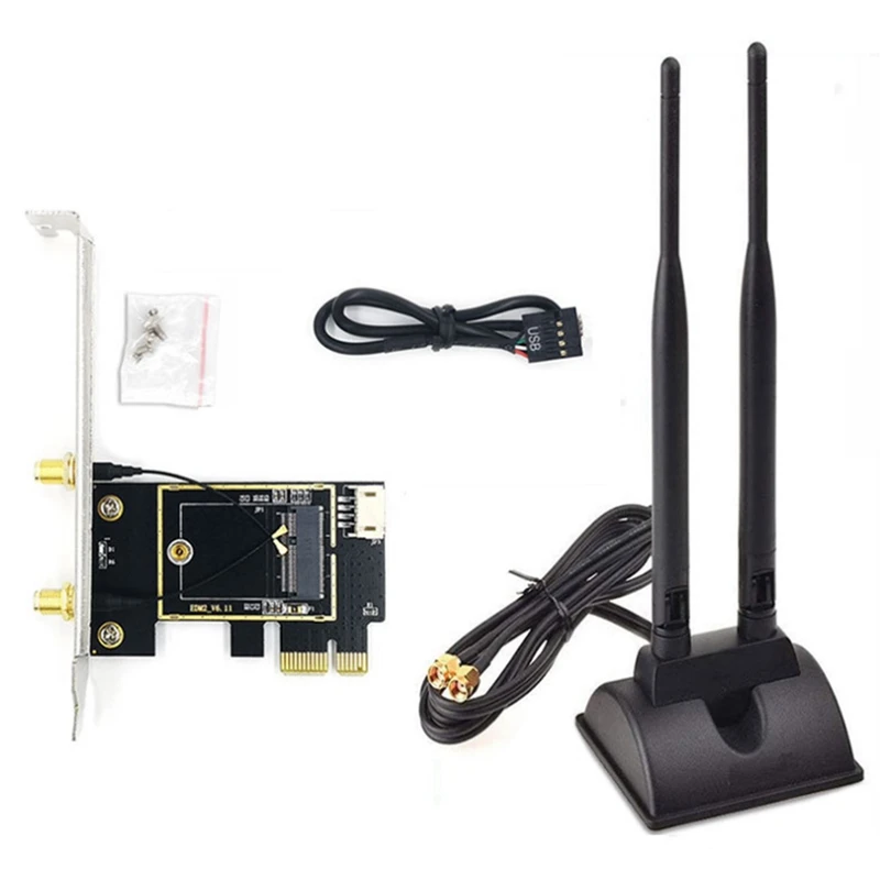 

NGFF M.2 To PCIE Wireless Network Card Adapter Card New PCB With Extension Wire Antenna Supports NGFF M.2 Wireless Network Card