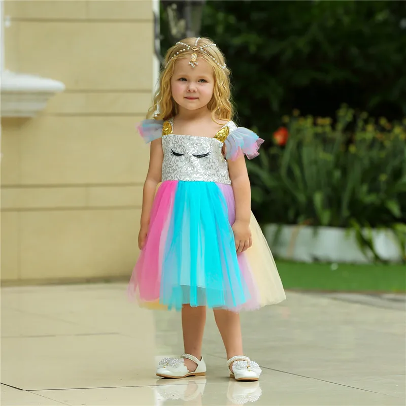 

Toddler Color Block Tulle Dress Summer Baby Girl Cartoon Fly Sleeve Square Collar
