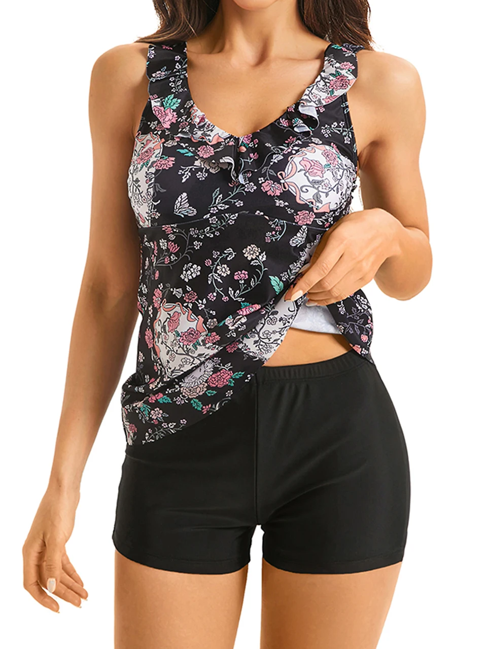 Цветочный Танкини 2024 купальник из двух частей с оборками женский шортами высокой