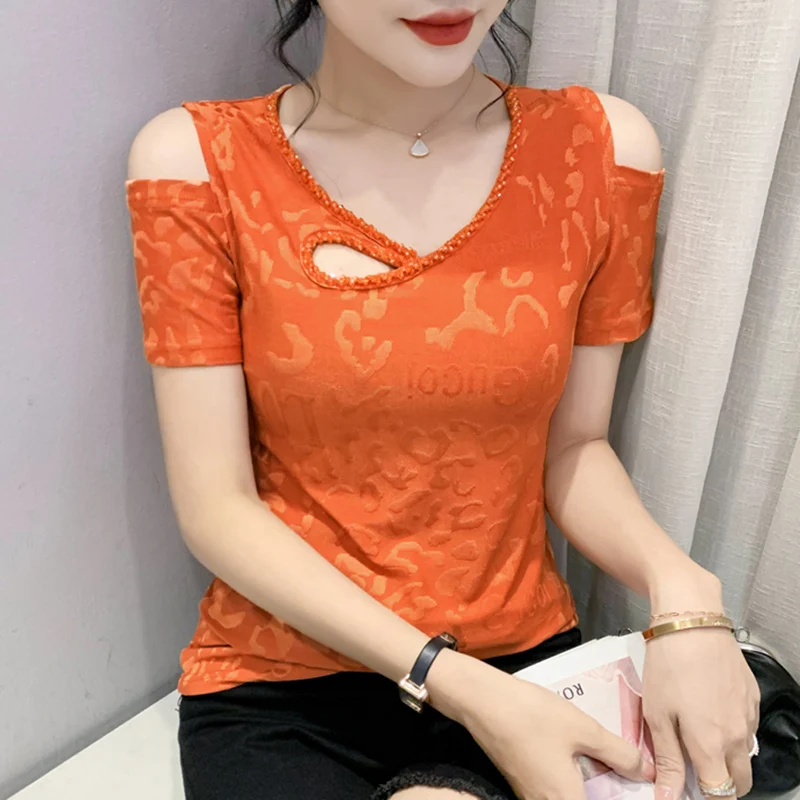 Женская эластичная жаккардовая футболка ажурный топ с коротким рукавом и