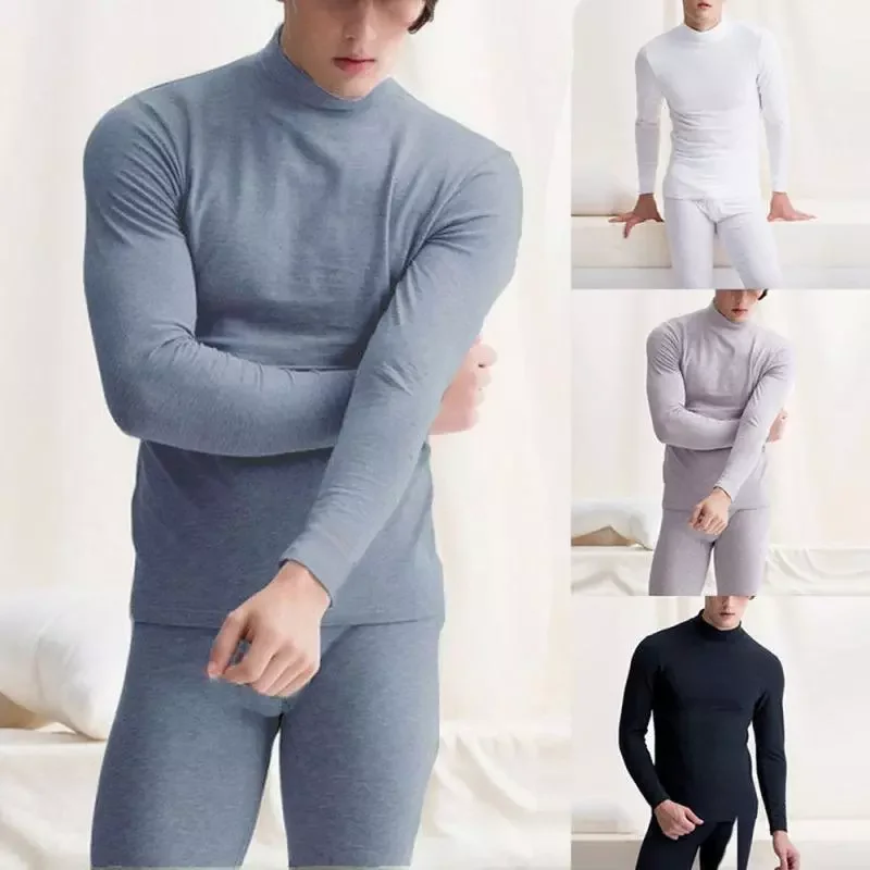 Thermal Underwear 2pcs/set Winter Men Warm Thermal Tops Bottom Long Pants Suit Set Solid Color Keep Warm Half High Collar