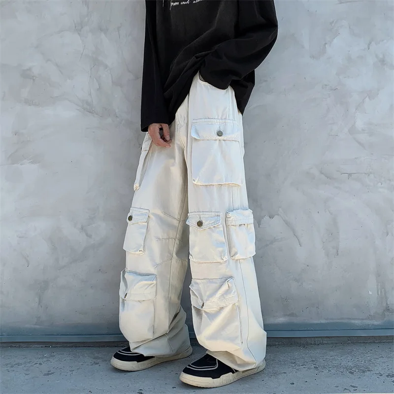 Уличный популярный белый комбинезон с несколькими карманами мужские свободные