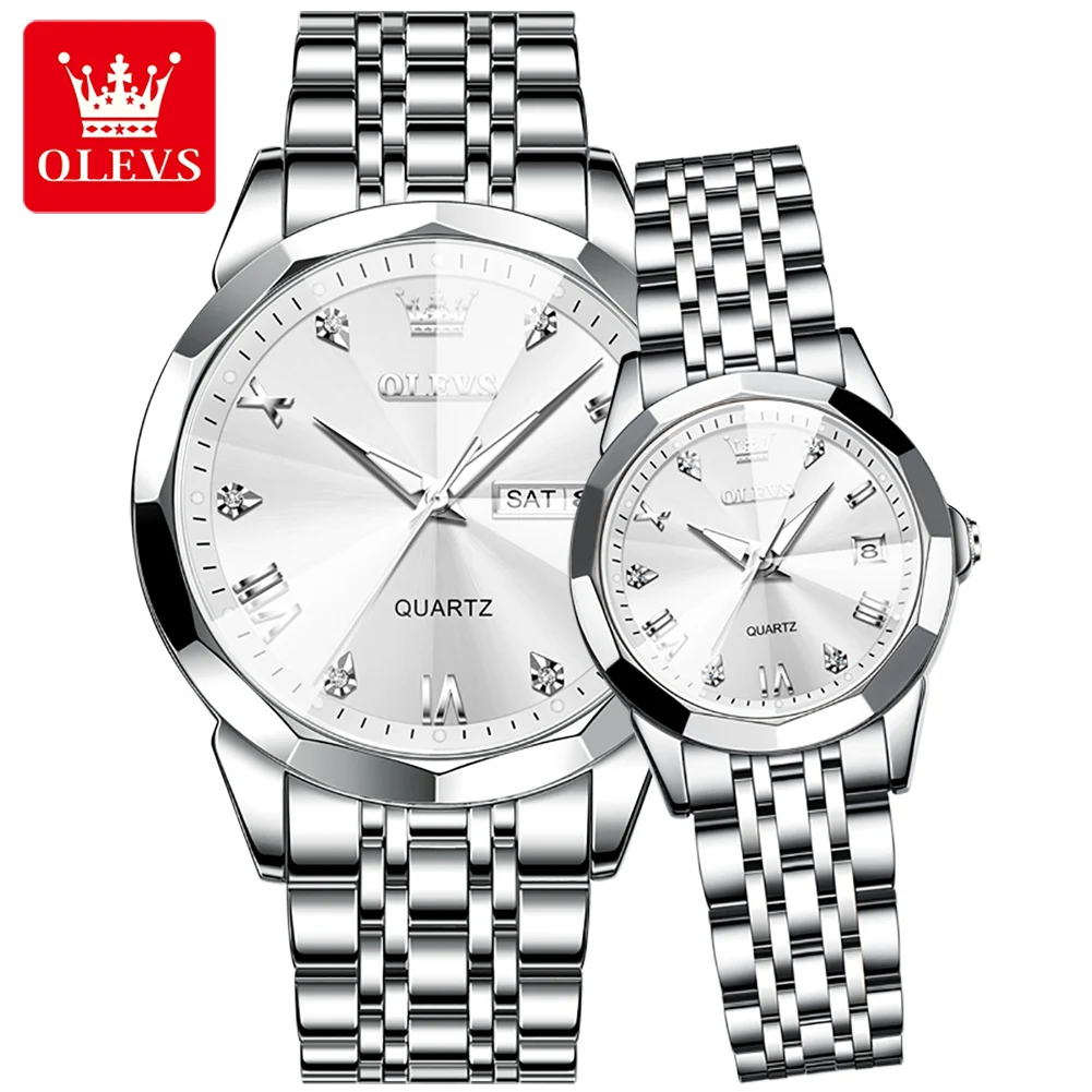 OLEVS 2023 Fashion Luxury Couple Calendar Week Display Stainless Steel Strap Watches Luminous Waterproof Mechanical Watch 9931