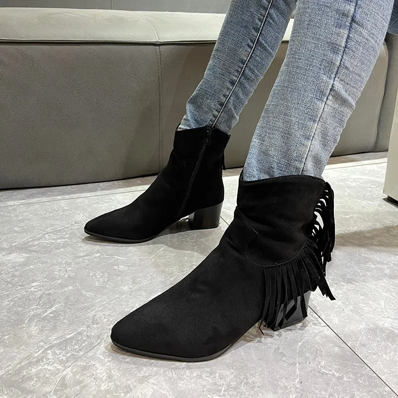 Chelsea Boots Ankle Fringe Chunky Heels Western Cowboy Style Shoes Short Elegant Woman Heeled Gothic Plus Size Women's Clothing