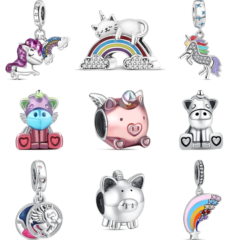 925 Sterling Silver Colorful Flying Unicorn Pig Rainbow Cloud Ciondolo Perline Fit Original Pandora Charms Bracciale Europe Jewelry