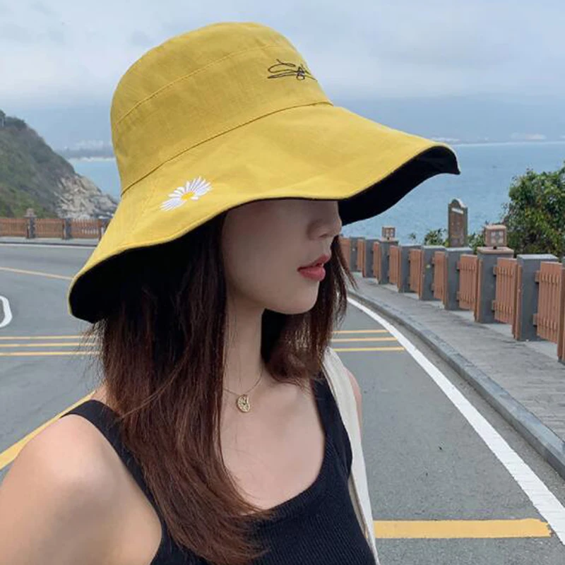 

Double Sided Small Daisy Solid Color Sun Hat Outdoor Beach Hat Chinese Cotton Hat for Women's Summer Sun Protection Panama Hat