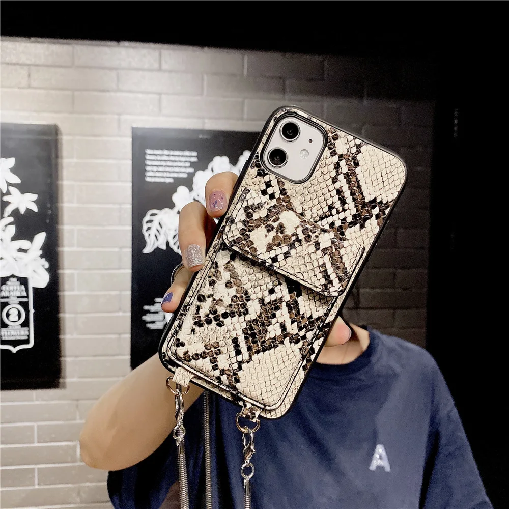 

New 2022 Luxury Snakeskin Crossbody Phone Case for IPhone 13 12 11 7 8 Plus X XS XR Card Package Neck Strap Cord Chain Lanyard