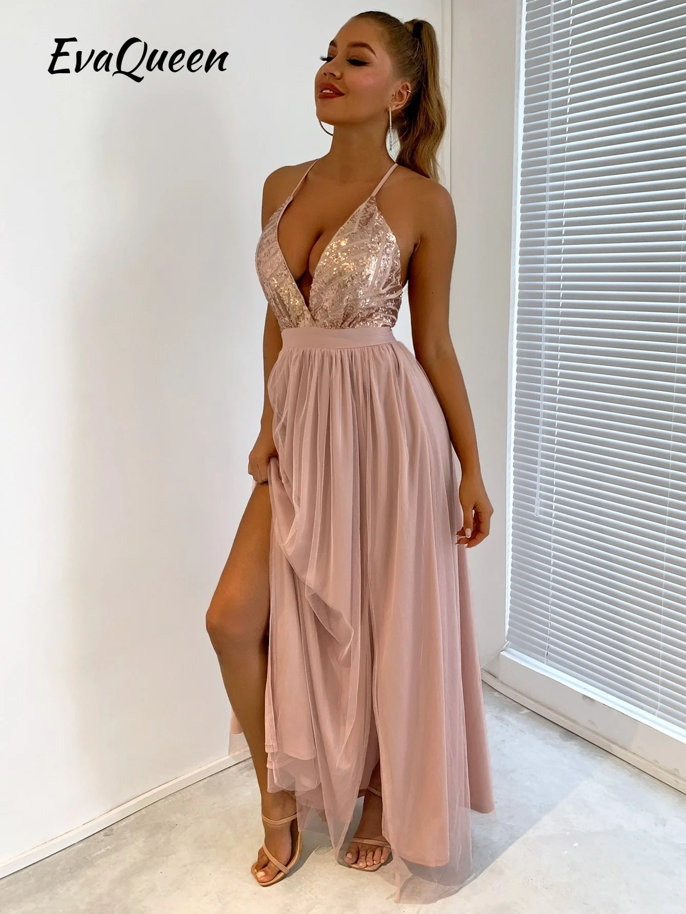 

EvaQueen Sequin Bodice Backless Mesh Cami Prom Dress