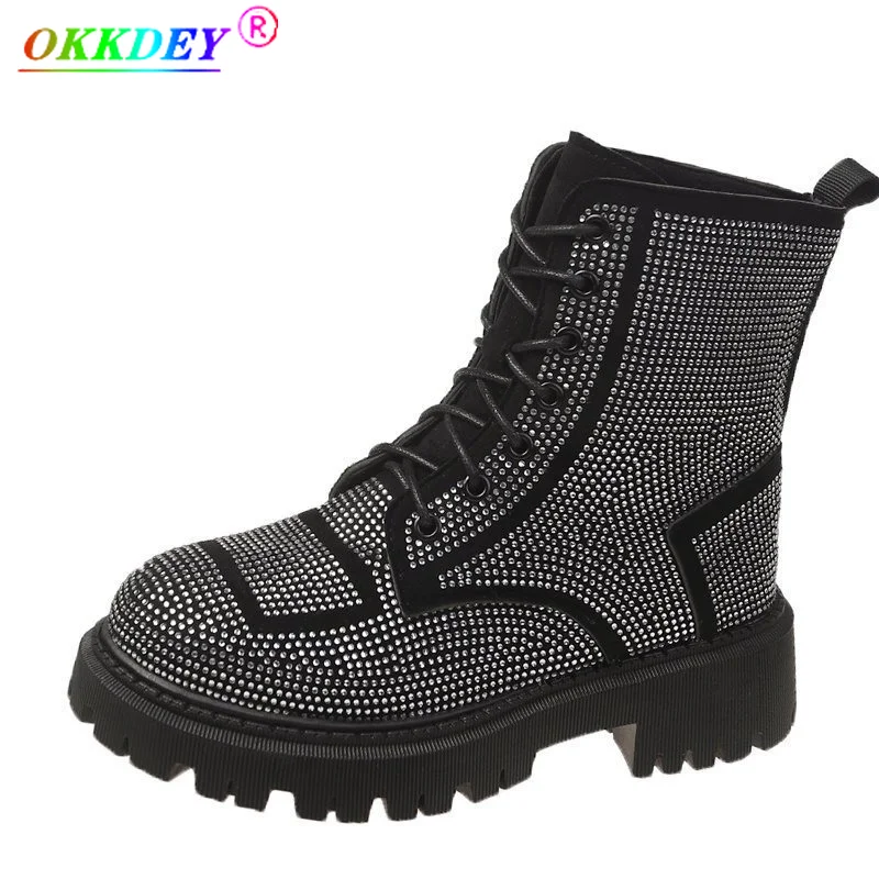 

New Winter Punk Gothic Lace-up Platform Ankle Boots Bling Rhinestone Lace-up Short Boots Women's Shoes 35-40 Size Mujer Zapatos