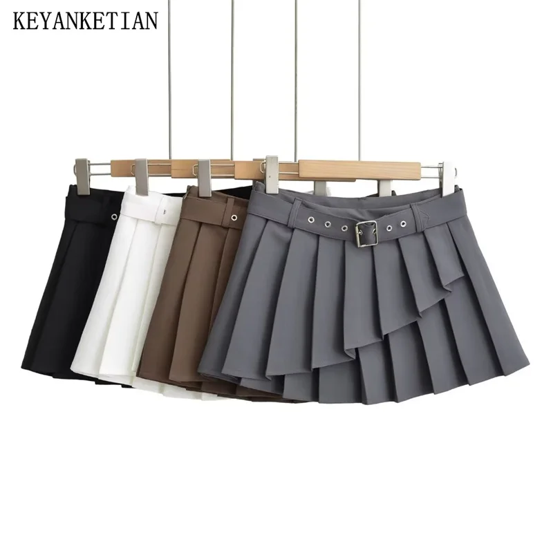 Новинка 2024 Женская ассиметричная плиссированная юбка KEYANKETIAN с поясом популярная