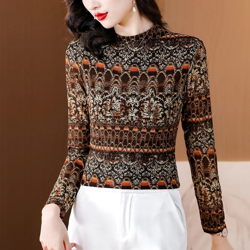 

#9345 Vintage Long Sleeve T Shirt Women Half High Collar Tight T-shirt Female Slim Office Elastic Printed Womens Tshirt Autumn