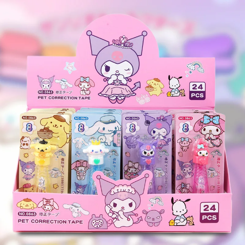 

4/24pcs Cartoon Sanrio Correction Tape Kuromi Cinnamoroll Purin Correction Paper Student Supplies Stationery Wholesale