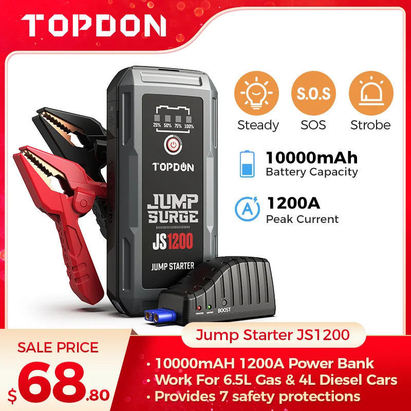 $69.91 Topdon 1200A Jump Starter Power Bank 12V Car Starting Device 10000Mah Battery Jump Start for Car Booster JS1200