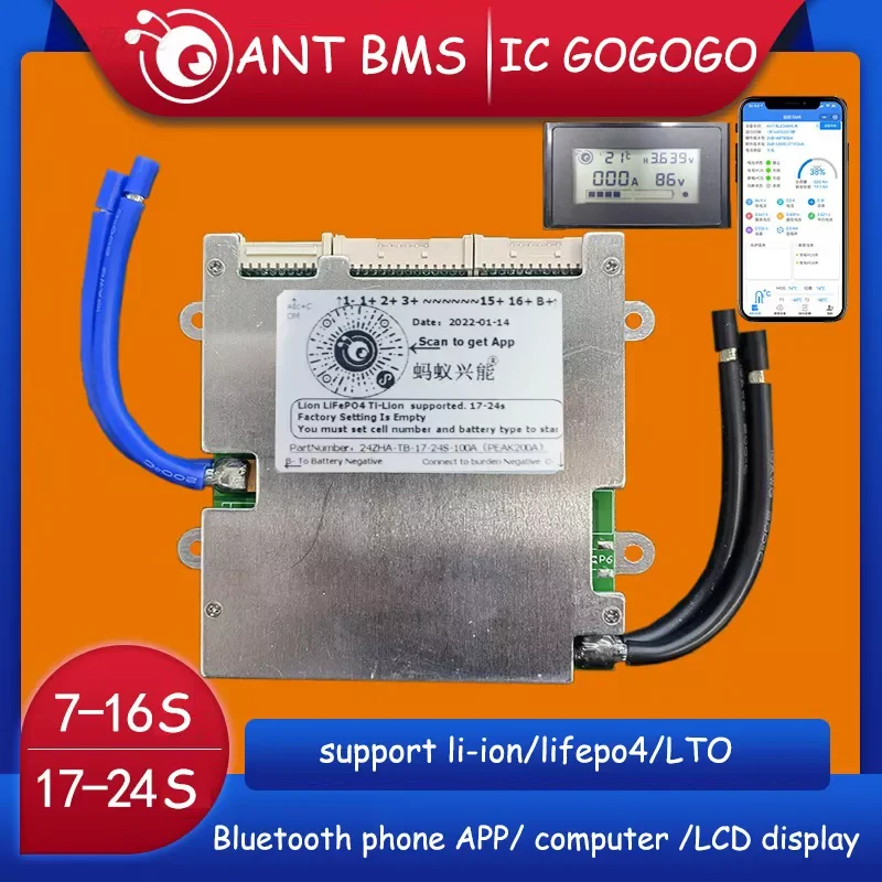 

7S to 16S 17S to 24S Ant BMS Lithium Battery Protection Board 72V Li-ion 60V Lifepo4 50A 100A 8S 13S 14S 20S LCD Smart Bluetooth