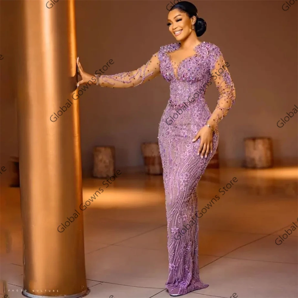 Фиолетовые бусины Aso Ebi Вечерние платья Аппликации с длинными рукавами Платье на день рождения Женское платье 2024 для особых случаев по индивидуальному заказу (art.: 3920cb1410b29) - 3920cb1410b29