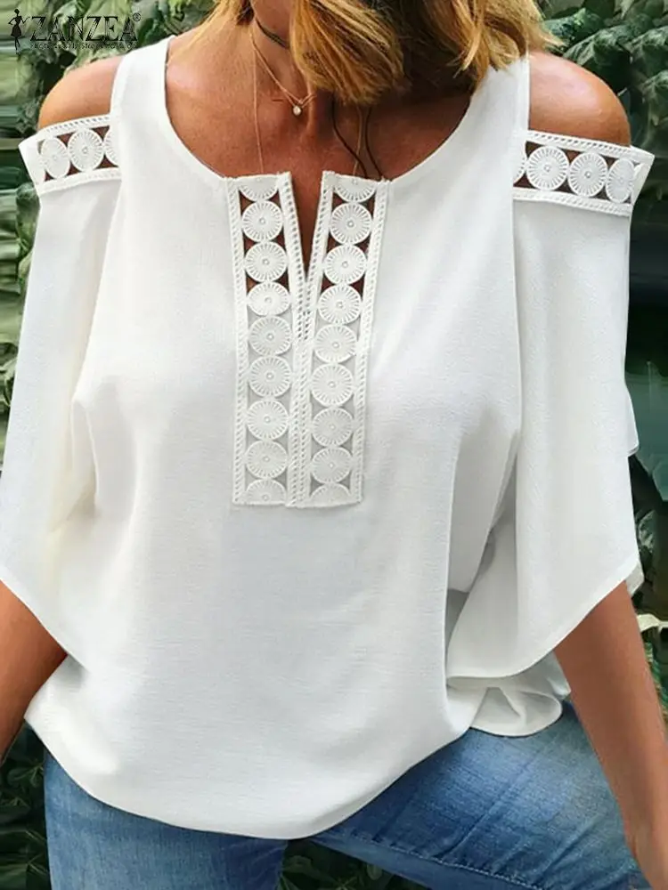 

Fashion Lace Trim Blouses Women 2023 Summer Cold Shoulder Blusas ZANZEA Casual 3/4 Sleeve O-neck Shirts Holiday Solid Color Tops