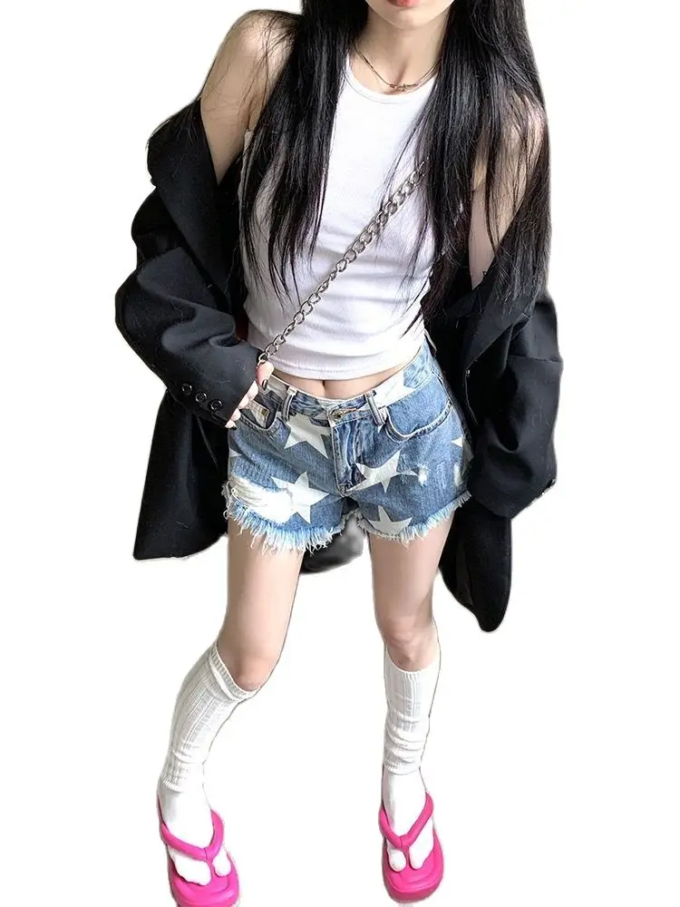 New White Star Denim Shorts Womens Vintage Raw Edge Ripped Sexy Babes Denim Shorts Fashion Streetwear Y2K Womens Shorts