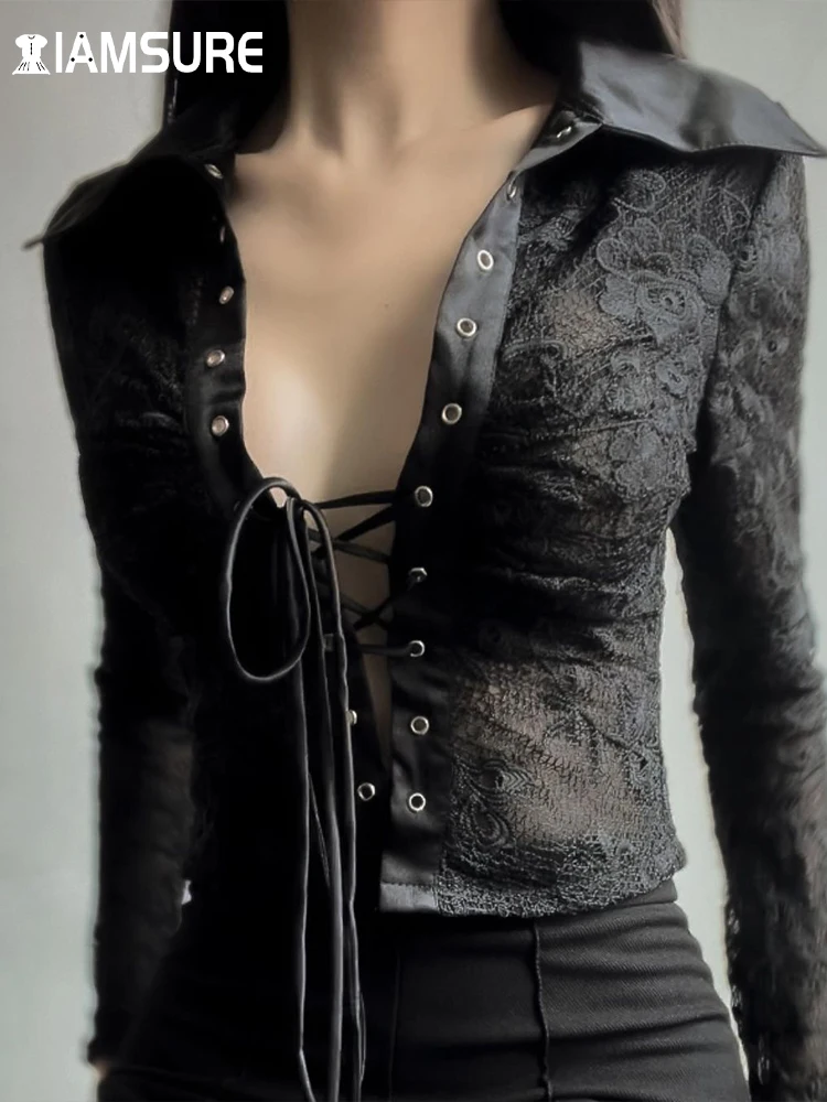 

IAMSURE Elegant Fashion Bandage Lace Blouse See Through Turn-Down Collar Long Sleeve Shirts Women 2022 Autumn Spring Ladies