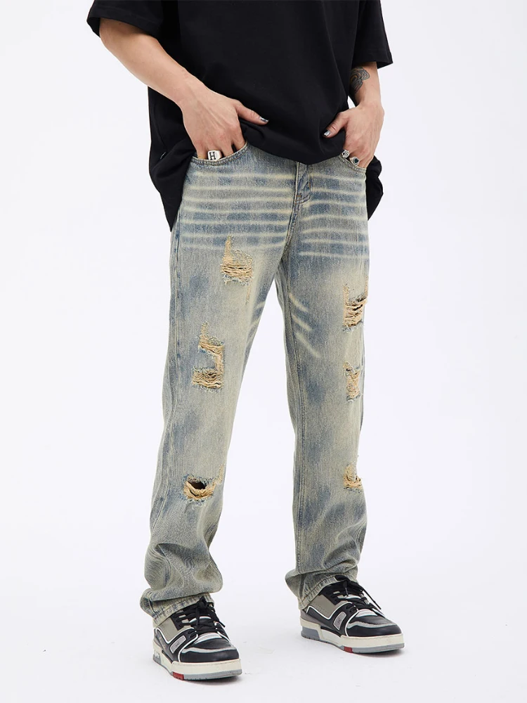 American Men's Trousers Ripped Loose Solid Color Jeans Streetwear Design Clothing Hip Hop Ladies Korean Slim Casual Jeans Denim
