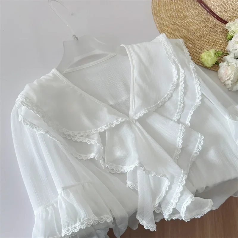 Женская винтажная рубашка с длинным рукавом элегантная белая блузка воротником