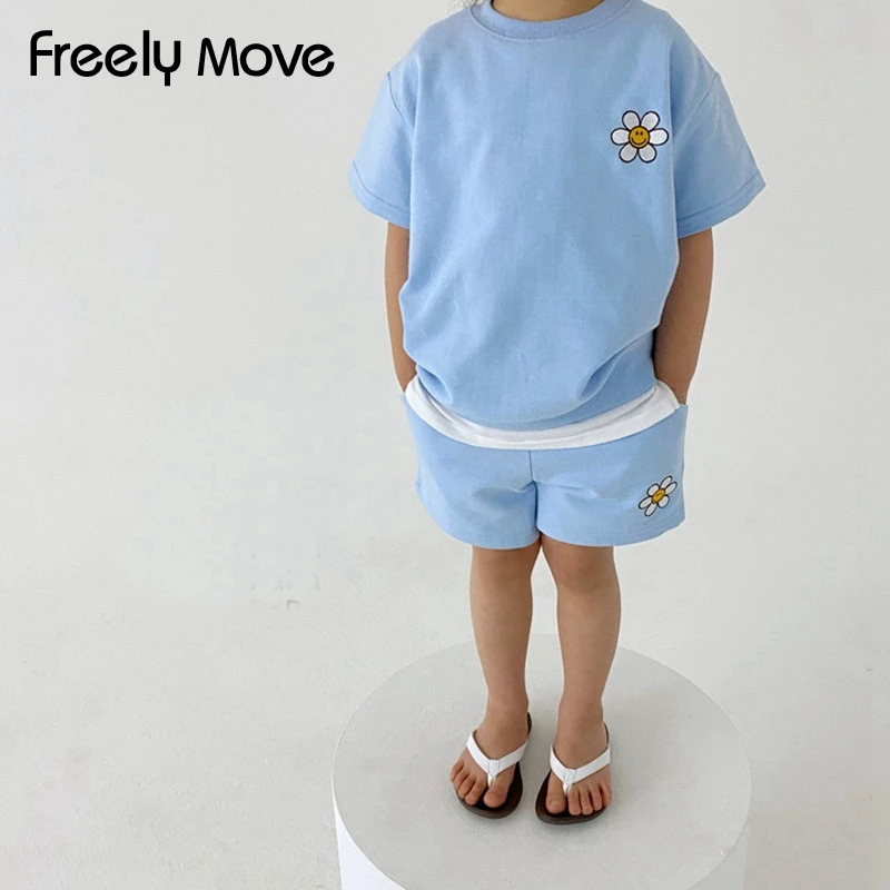 Freely Move 2pcs 2022 Soild Colorful Cotton Suit Children's Short Sleeve T-shirt+pants Baby Boys Girls Outfits Clothes Fashion