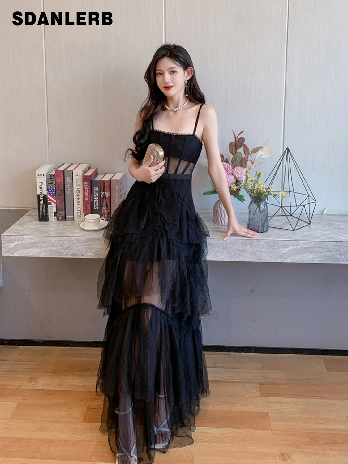 

French Retro Maxi Dress Mesh Hollow Fishbone Strap Cake Dress Elegant Solid Color Sleeveless See-through Long Dress for Women